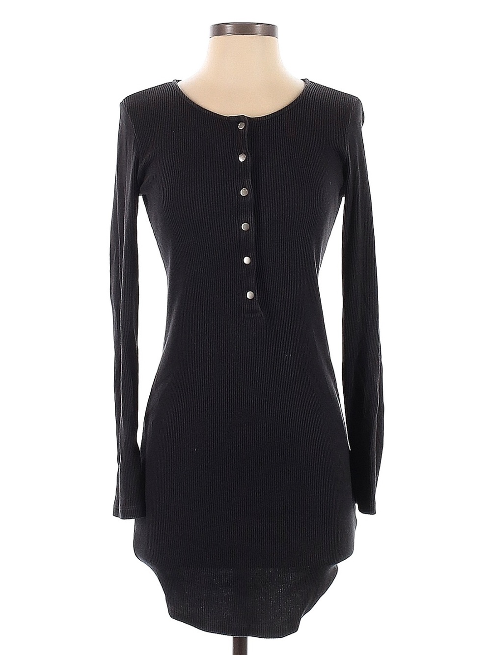 Monrow Black Long-Sleeve Henley Knit Dress
